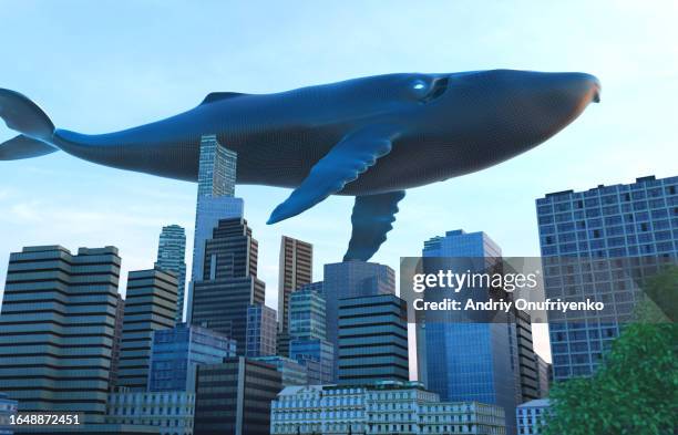 whale flying over cityscape - changing things stock pictures, royalty-free photos & images