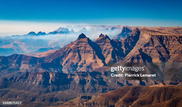 Aerial view of Cathedral Peak in Drakensberg mountains, at the Lesotho border in KwaZulu-Natal province, South Africa