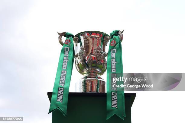 General view of the Carabao Cup trophy prior to the Carabao Cup Second Round match between Doncaster Rovers and Everton at Keepmoat Stadium on August...