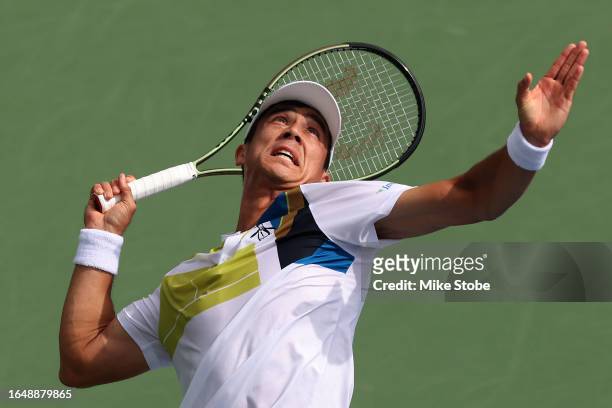 Mackenzie McDonald of the United States serves against Borna Gojo of Croatia during their Men's Singles Second Round match on Day Three of the 2023...