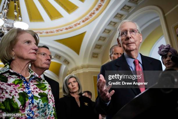 Senate Minority Leader Mitch McConnell speaks during a news conference following a closed-door lunch meeting with Senate Republicans at the U.S....