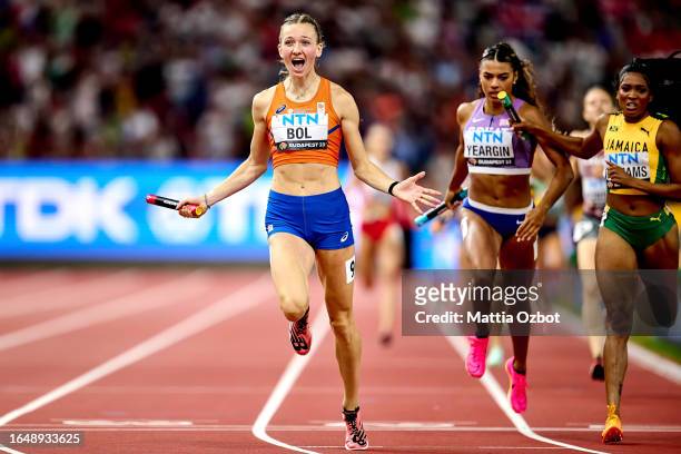 Gold medalist Femke Bol of Team Netherlands celebrates winning the Women's 4x400m Relay Final during day nine of the World Athletics Championships...