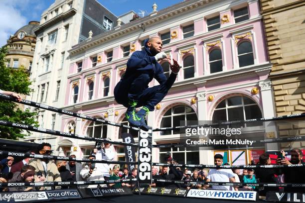 Chris Eubank Jr warms up during the Chris Eubank Jr v Liam Smith II Media workout at in St Anne's Square on August 30, 2023 in Manchester, England.