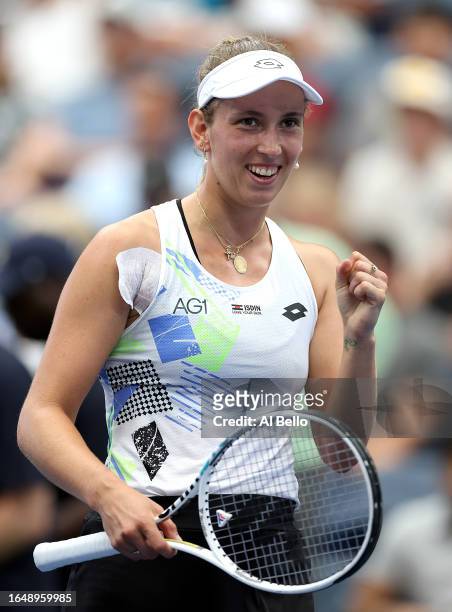 Elise Mertens of Belgium celebrates after defeating Danielle Collins of the United States during their Women's Singles Second Round match on Day...