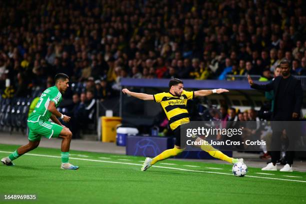 Anan Khalaili and Mesaye Degu coach of Maccabi Haifa FC fighting for the ball with Kastriot Imeri of BSC Young Boys during BSC Young Boys v Maccabi...