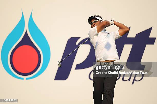 Thongchai Jaidee of Thailand in action during round two of the Chiangmai Golf Classic at Alpine Golf Resort-Chiangmai on March 29, 2013 in Chiang...