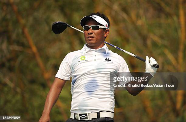Thongchai Jaidee of Thailand in action during round two of the Chiangmai Golf Classic at Alpine Golf Resort-Chiangmai on March 29, 2013 in Chiang...