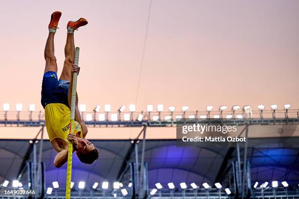 Armand Duplantis of Team Sweden competes during the Men's Pole Vault Final during day eight of the World Athletics Championships Budapest 2023 at...