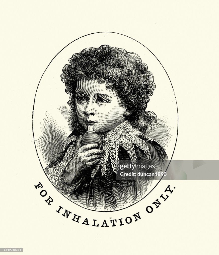 Child using a Carbolic Smoke Ball, a Victorian flu remedy which claimed to be a cure for influenza and a number of other diseases. 1890s