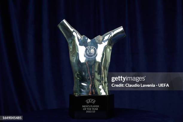 Detailed view of the UEFA Men's Player of the Year award ahead of the 2023/24 European Club Football Season Kick-Off, at Le Méridien Beach Plaza on...