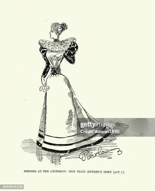 vintage illustration late victorian women's fashion, dress, 1890s, 19th century period costume - victorian design stock illustrations