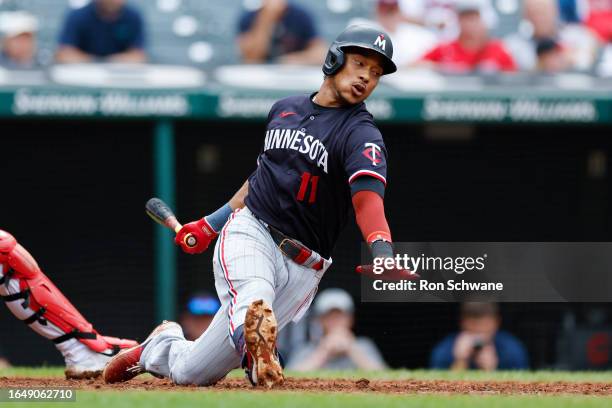 Jorge Polanco of the Minnesota Twins strikes out swinging against Nick Sandlin of the Cleveland Guardians during the eighth inning at Progressive...