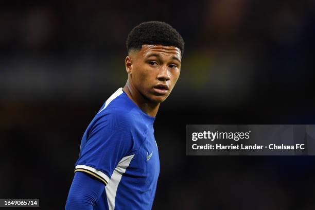 Mason Burstow of Chelsea looks on during the Carabao Cup Second Round match between Chelsea and AFC Wimbledon at Stamford Bridge on August 30, 2023...