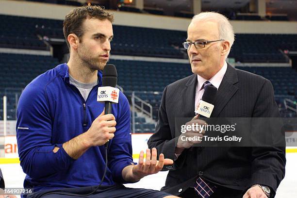 Andrew Ladd of the Winnipeg Jets speaks with CBC's Scott Oake during the After Hours segment of Hockey Night in Canada following a 6-1 loss to the...