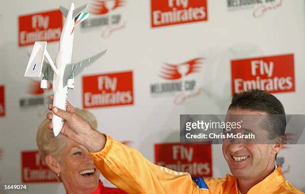 Malcolm Johnston who will ride 'Clemenge'r celebrates after drawing barrier number one during a press conference to announce the barrier draw for...