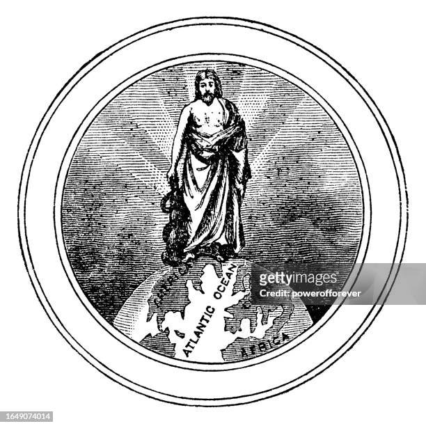 stockillustraties, clipart, cartoons en iconen met asclepius standing on the earth - 19th century - aesculaap