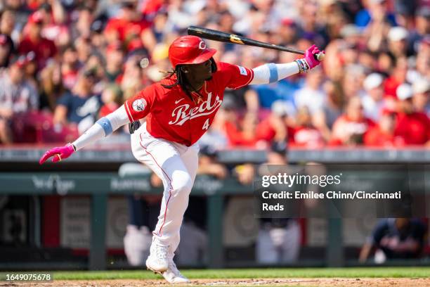 Elly De La Cruz of the Cincinnati Reds hits during a game against the Atlanta Braves at Great American Ball Park on June 24, 2023 in Cincinnati, Ohio.