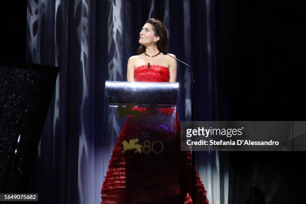 Patroness Caterina Murino speaks on stage at the opening ceremony at the 80th Venice International Film Festival on August 30, 2023 in Venice, Italy.