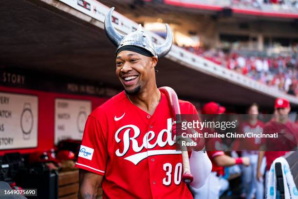 Will Benson of the Cincinnati Reds celebrates a home run during a game against the Atlanta Braves at Great American Ball Park on June 24, 2023 in...