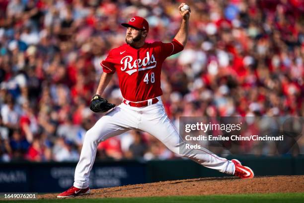 Alex Young of the Cincinnati Reds pitches during a game against the Atlanta Braves at Great American Ball Park on June 24, 2023 in Cincinnati, Ohio.