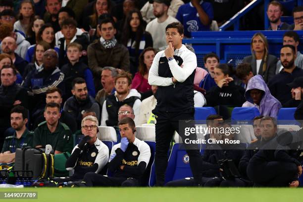 Mauricio Pochettino, Manager of Chelsea, reacts during the Carabao Cup Second Round match between Chelsea and AFC Wimbledon at Stamford Bridge on...