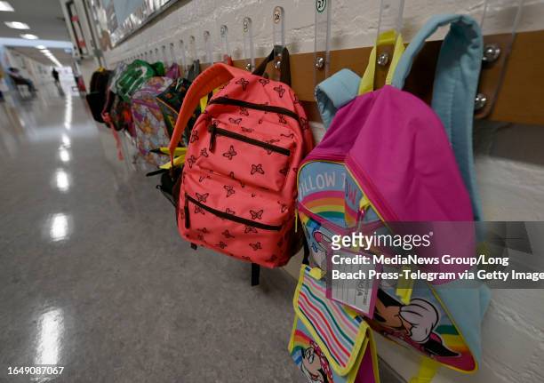 Long Beach, CA Brand new backpacks line the hallways at Garfield Elementary School on the first day of the Fall semester in Long Beach on Wednesday,...