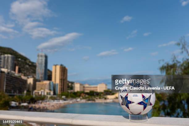 The official match ball of the UEFA Champions League is pictured ahead of the 2023/24 European Club Football Season Kick-Off on August 30, 2023 in...