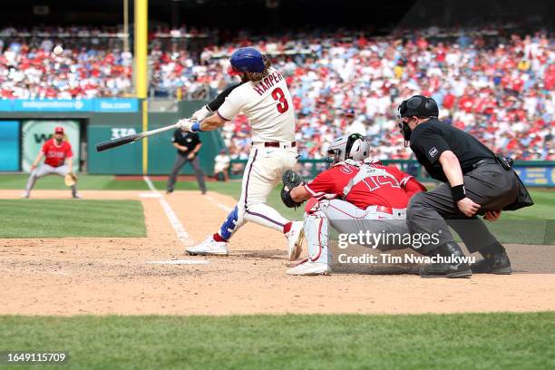 Bryce Harper of the Philadelphia Phillies hits a two run home run during the eighth inning against the Los Angeles Angels at Citizens Bank Park on...