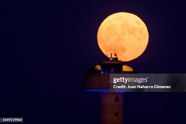 Rare super blue moon is seen at Deposito del Agua of Albacete on August 30, 2023 in Albacete, Spain. In addition to its "supermoon" status , this...