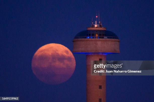 Rare super blue moon is seen at Deposito del Agua of Albacete on August 30, 2023 in Albacete, Spain. In addition to its "supermoon" status , this...