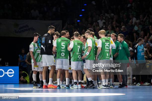 Team circle of the Fuechse Berlin during the Liqui Moly Handball Bundesliga match between Fuechse Berlin and SC Magdeburg on September 6, 2023 in...