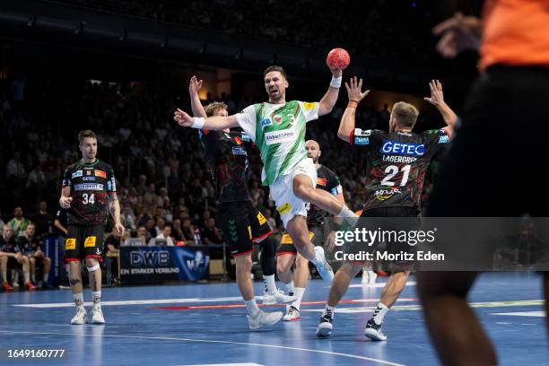 Fabian Wiede of the Fuechse Berlin during the Liqui Moly Handball Bundesliga match between Fuechse Berlin and SC Magdeburg on September 6, 2023 in...