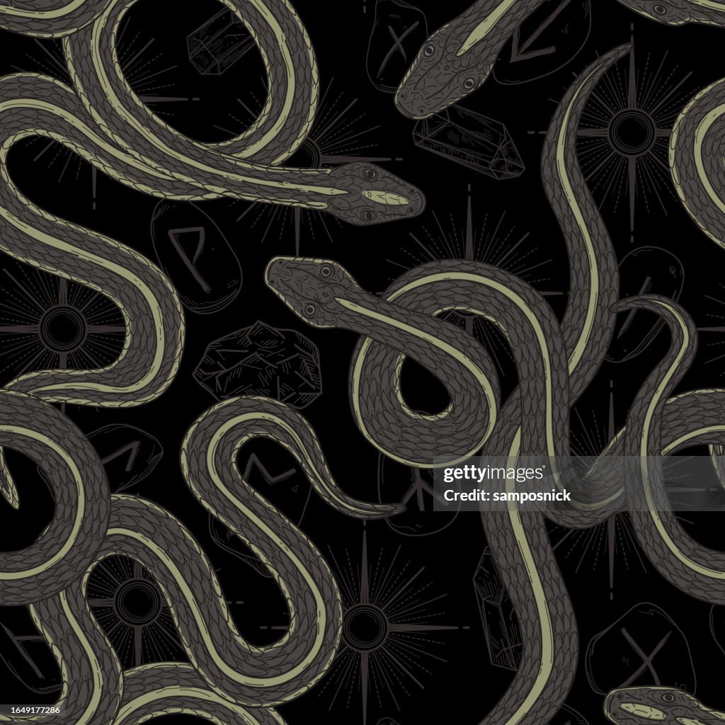 Snakes with Witchy Dark Academia Seamless Patterned Background with Runes, Gems, and Stars