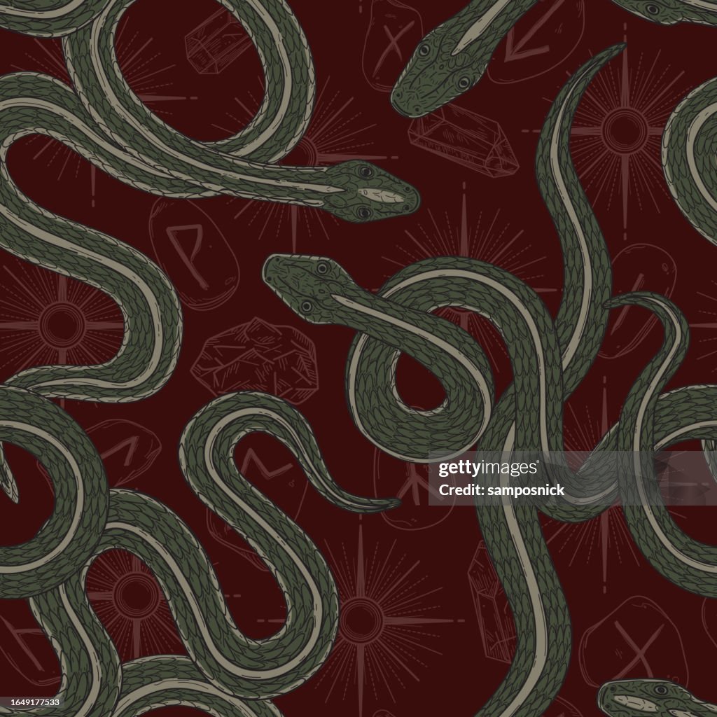 Snakes with Witchy Dark Academia Seamless Patterned Background with Runes, Gems, and Stars