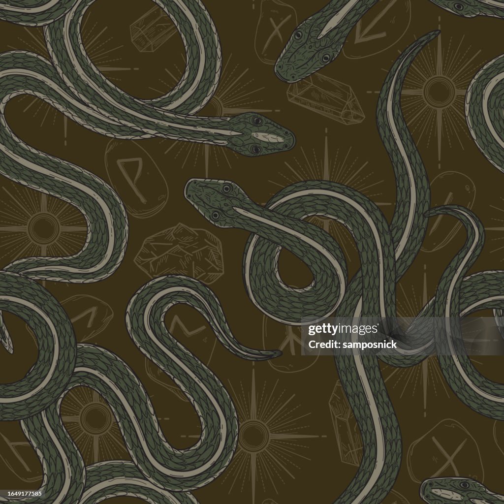 Snakes with Witchy Dark Academia Seamless Patterned Background with Runes, Gems, and Stars