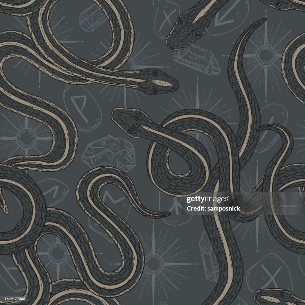 Snakes with Witchy Dark Academia Seamless Patterned Background with Runes, Gems, and Stars