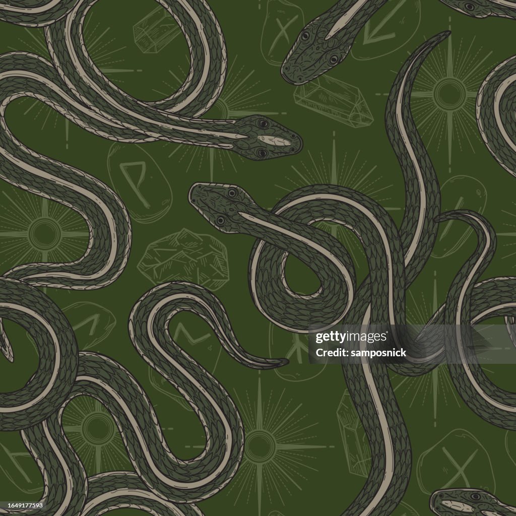 Snakes with Witchy Dark Academia Seamless Patterned Background with Runes, Gems, and Stars