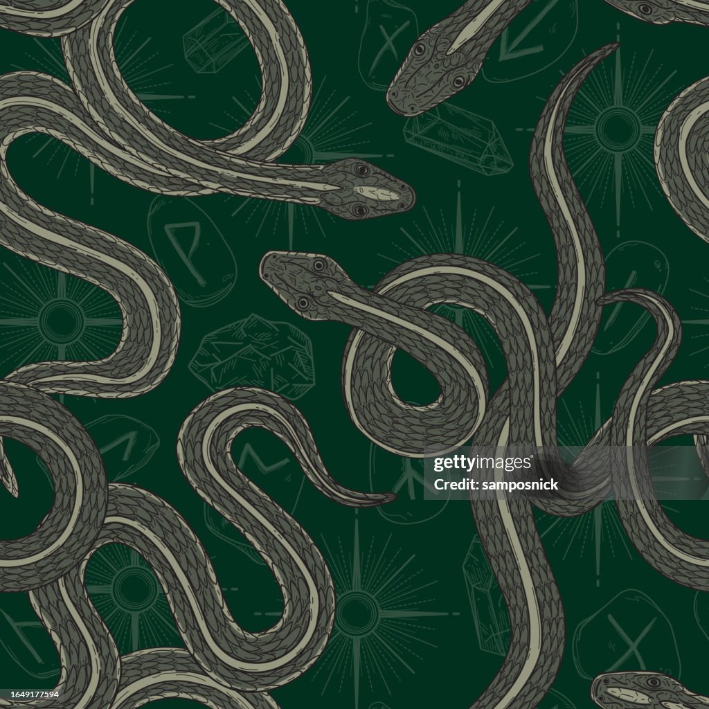 Snakes with Witchy Dark Academia Seamless Patterned Background with Runes, Gems, and Stars