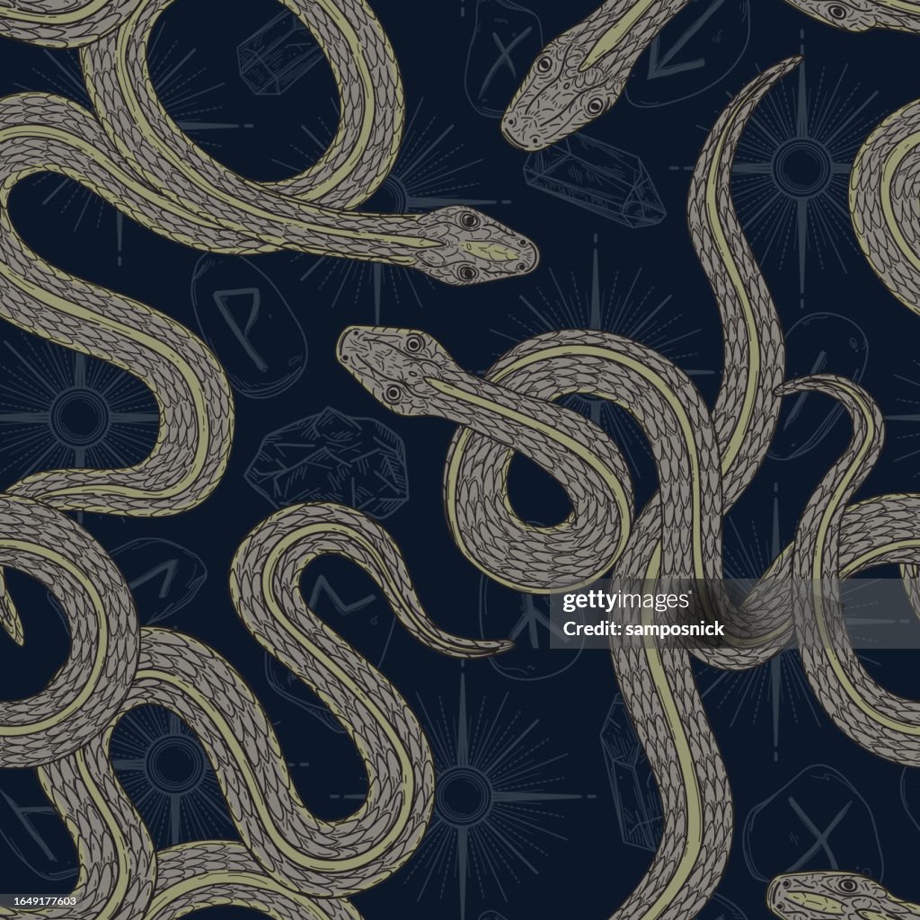 Snakes with Witchy Dark Academia Seamless Patterned Background with Runes, Gems, and Stars