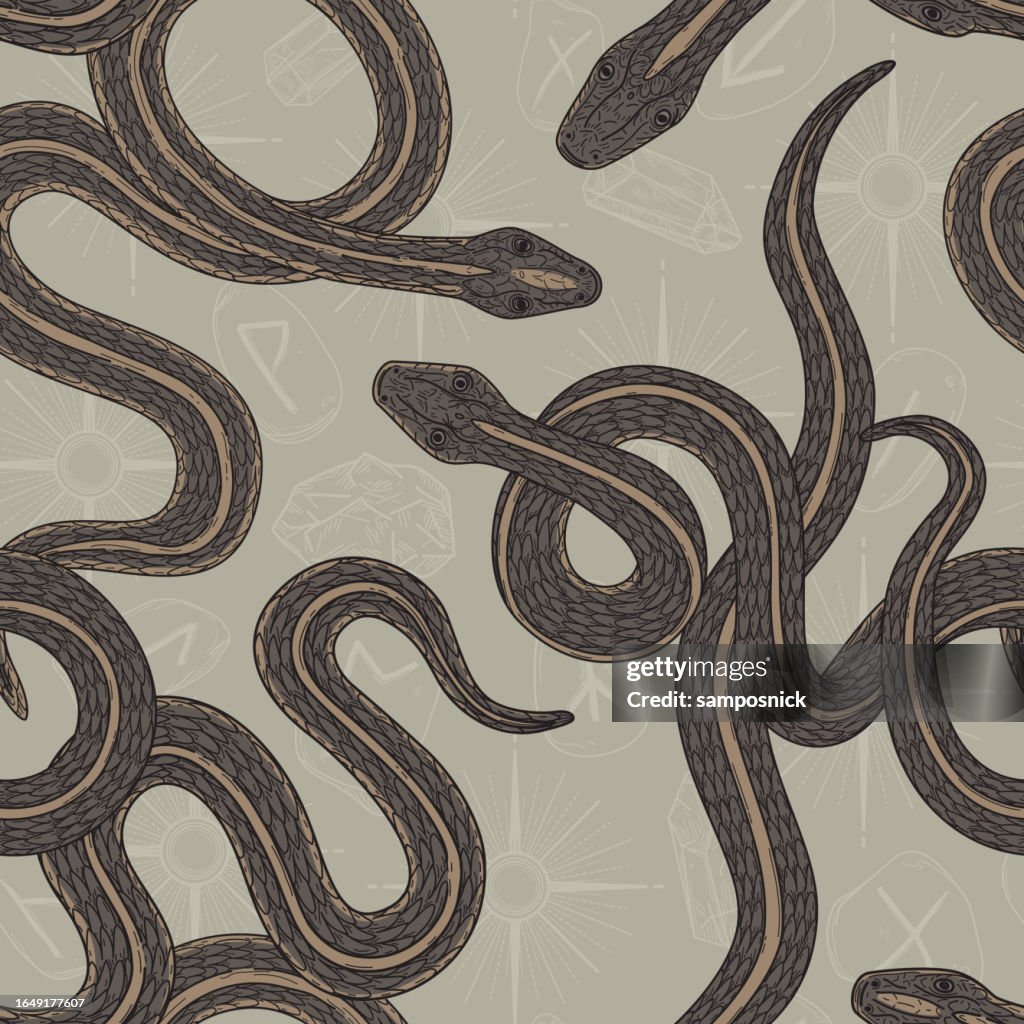 Snakes with Witchy Dark Academia Seamless Patterned Background with Runes, Gems, and Stars