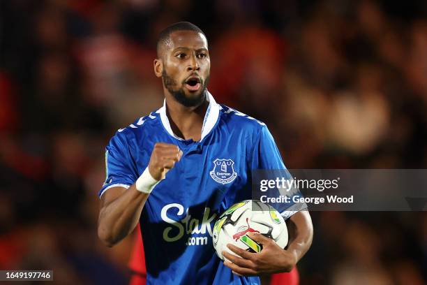 Beto of Everton celebrates after scoring the team's first goal to equalise during the Carabao Cup Second Round match between Doncaster Rovers and...