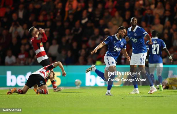 Arnaut Danjuma of Everton celebrates after scoring the team's second goal during the Carabao Cup Second Round match between Doncaster Rovers and...