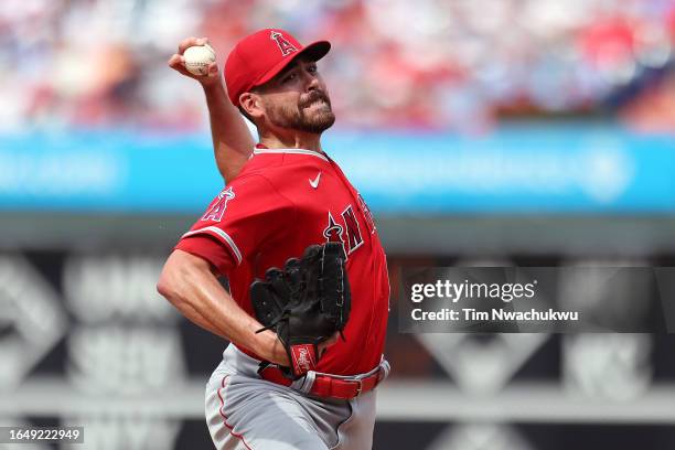 Matt Moore of the Los Angeles Angels pitches during the eighth inning against the Philadelphia Phillies at Citizens Bank Park on August 30, 2023 in...