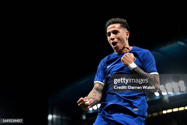 Enzo Fernandez of Chelsea celebrates after scoring the team's second goal during the Carabao Cup Second Round match between Chelsea and AFC Wimbledon...