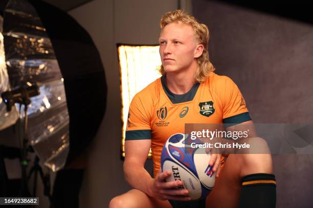 Carter Gordon of the Wallabies is photographed behind the scenes during the World Rugby portrait session during the Rugby World Cup France 2023, at...