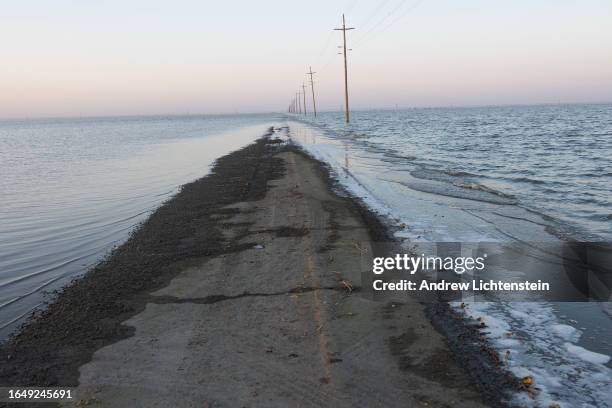 Landscape views of the flood waters that recently refilled Tulare Lake, August 30, 2023 outside of Corcoran, California. Tulare lake was drained for...