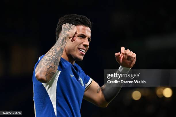 Enzo Fernandez of Chelsea celebrates after scoring the team's second goal during the Carabao Cup Second Round match between Chelsea and AFC Wimbledon...