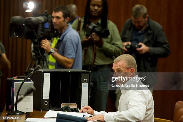 Advocate Gerrie Nel during Oscar Pistorius' bail hearing at Pretoria Magistrates Court on March 28 in Pretoria, South Africa. Oscar Pistorius, who...