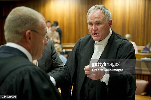 Advocate Barry Roux and Adcovate Gerrie Nel during Oscar Pistorius' bail hearing at Pretoria Magistrates Court on March 28 in Pretoria, South Africa....