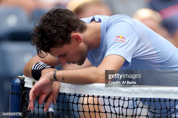 Dominic Thiem of Austria reacts against Ben Shelton of the United States during their Men's Singles Second Round match on Day Three of the 2023 US...